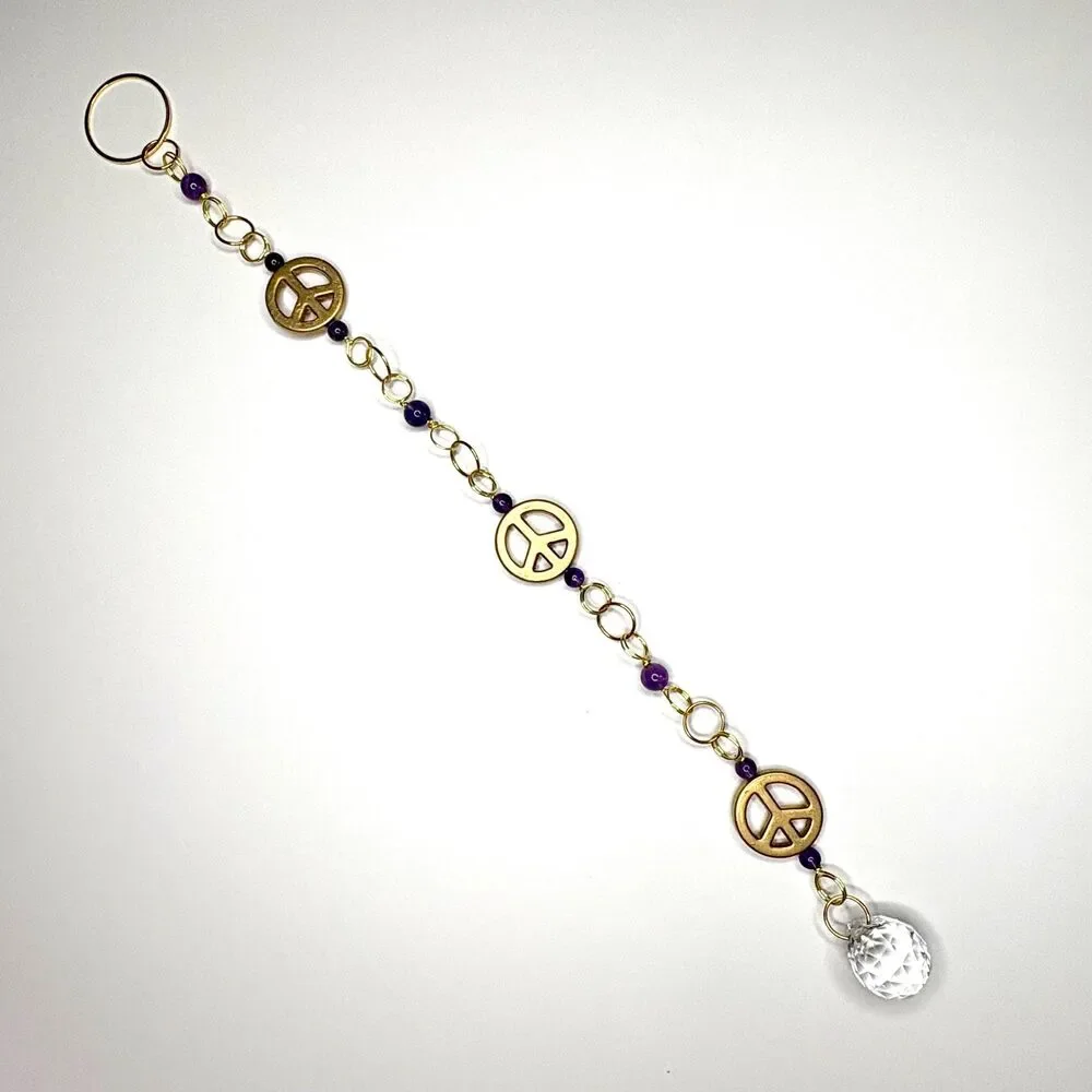 Amethyst Peace Sign Wall Hanging Gold Peace Charm Amethyst Beads Crystal Prism